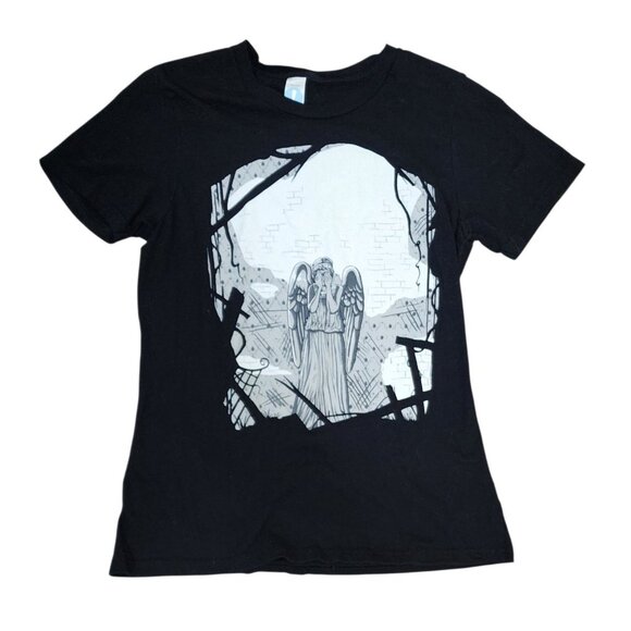 WEEPING ANGEL BLACK T-SHIRT WOMENS SIZE SMALL Fitted Big Graphic Short Soft - Picture 1 of 8